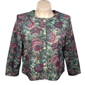 Vintage 80s Inseperables Blazer Green Red Floral Shoulder Pads Gold Button